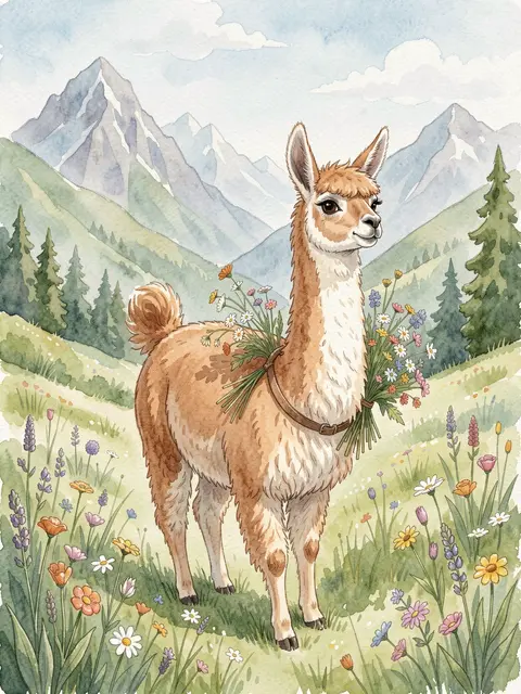 Watercolor illustration of a cute llama carrying wildflowers in a mountain meadow