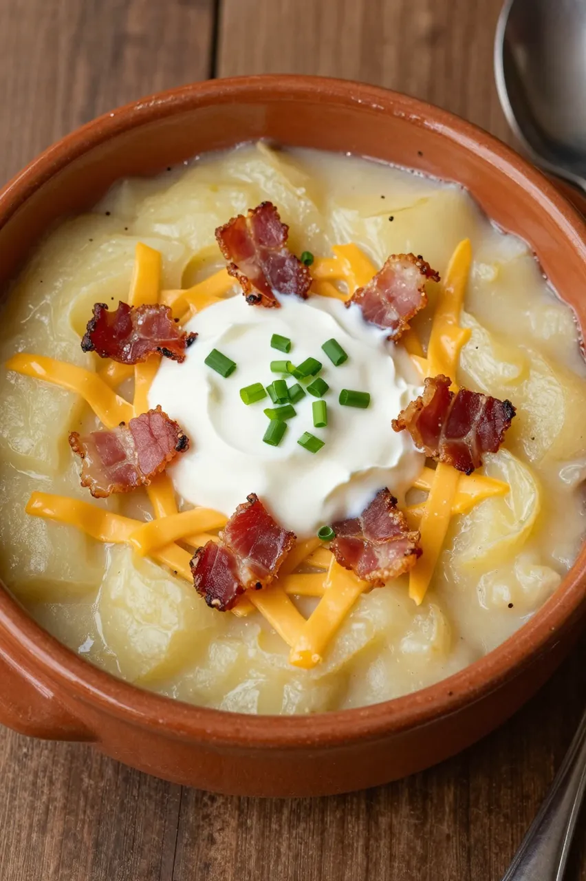 Overhead close-up of loaded potato soup topped with cheese, bacon, sour cream and chives in a rustic terracotta bowl