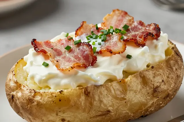 A close-up of a baked potato topped with sour cream, crispy bacon bits and chopped fresh chives on a plate