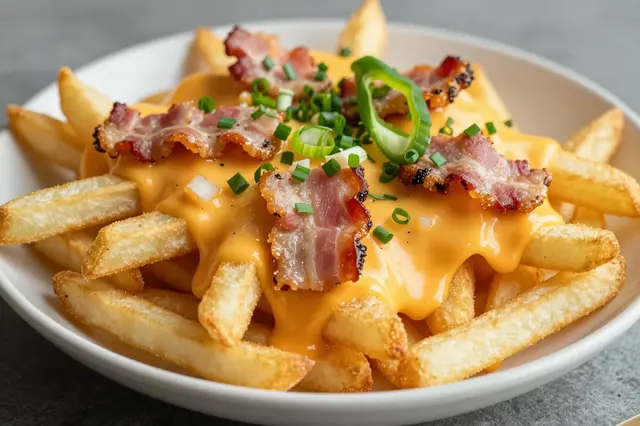 A close-up of crispy fries topped with melted cheese, crispy bacon, and chopped scallions in a white bowl.