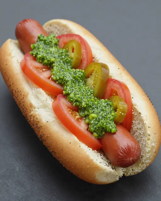 A fully topped hot dog with tomato slices, sport peppers and green relish rests on a dark gray surface