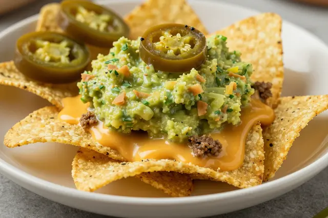 Plate of tortilla chips topped with melted cheese, guacamole, and pickled jalapeno slices.