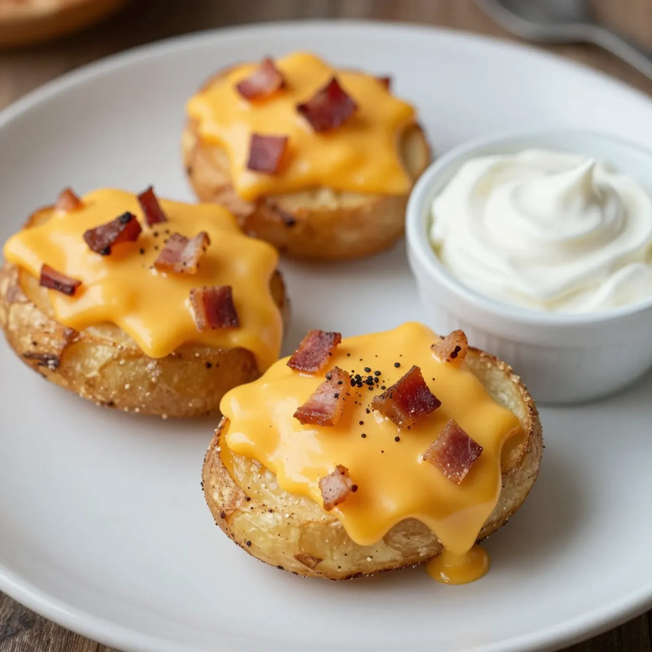 Three crispy potato skins topped with melted cheddar and bacon bits sit on a white plate next to a ramekin of sour cream.
