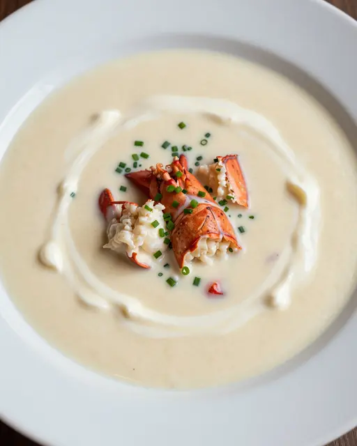 Creamy lobster bisque in a white bowl topped with cream swirl, chives, and lobster meat chunks