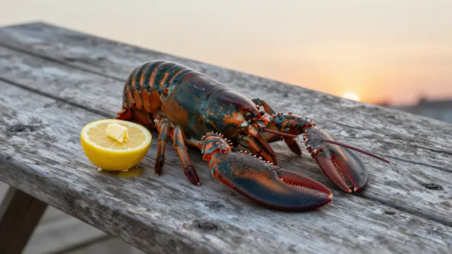 Whole lobster with a lemon half and butter rests on a weathered wooden picnic table at sunset