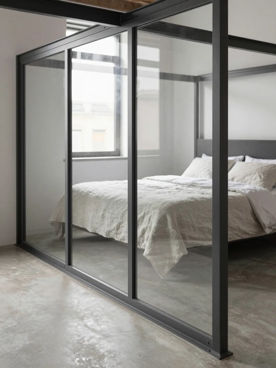 Steel framed glass partition separates a linen covered bedroom from a concrete floored loft space