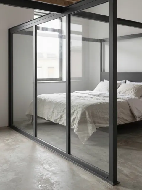 Steel framed glass partition separates a linen covered bedroom from a concrete floored loft space