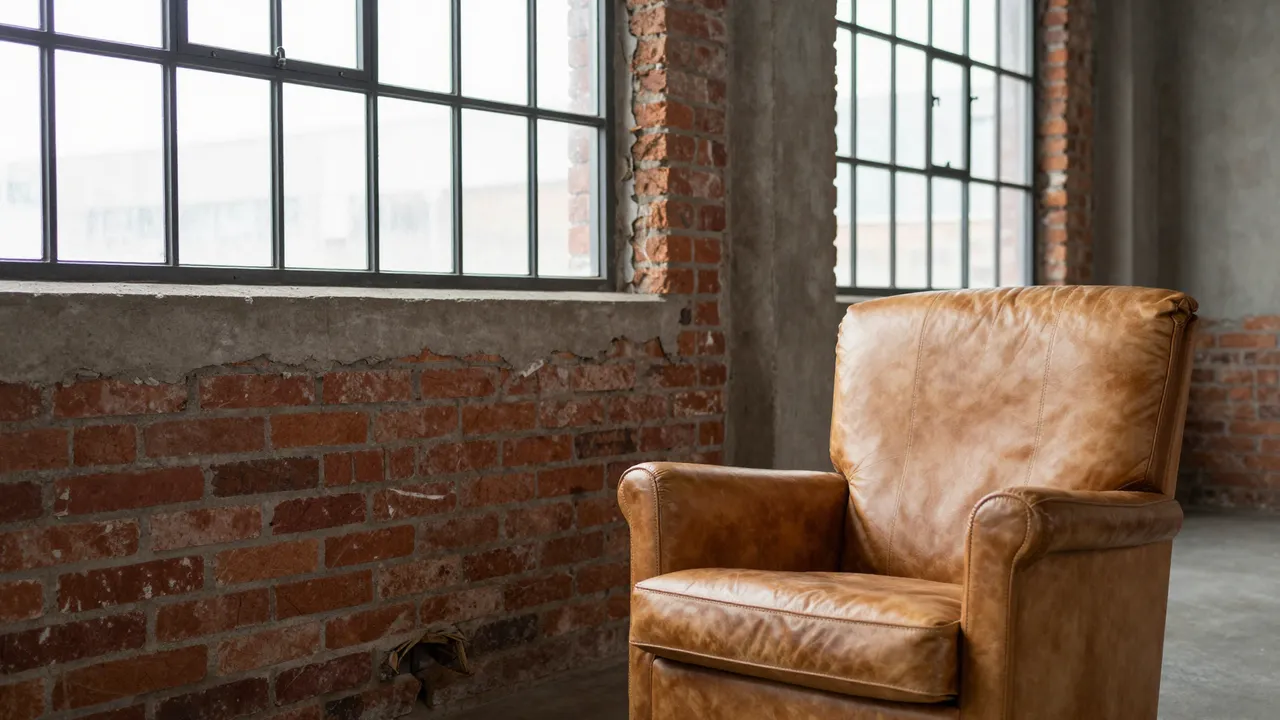 A cognac leather armchair sits in an industrial loft with exposed red brick walls and black steel windows.