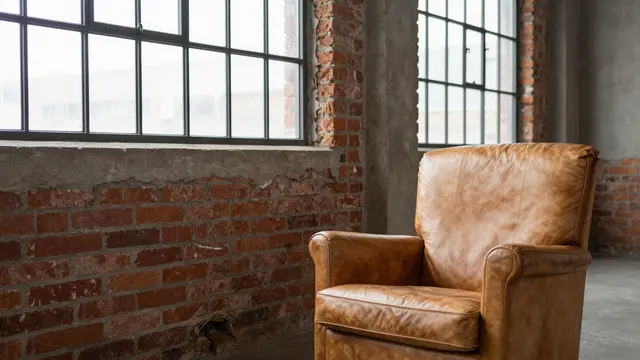 A cognac leather armchair sits in an industrial loft with exposed red brick walls and black steel windows.