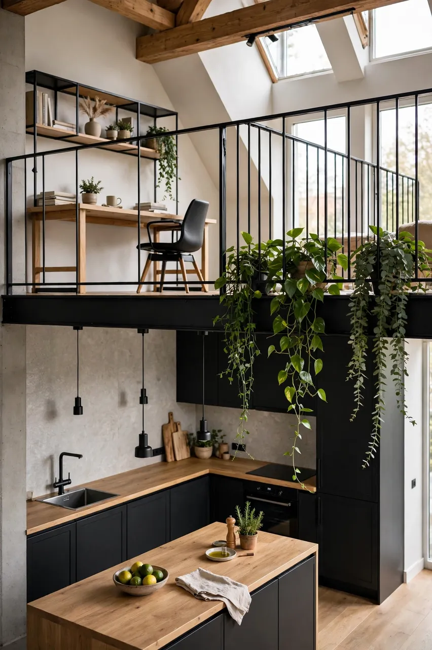 Modern loft interior with a mezzanine home study above a kitchen lined with trailing potted plants