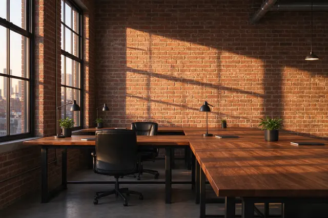 Empty industrial loft office with exposed brick walls, long wooden desks and warm late afternoon sunlight casting window