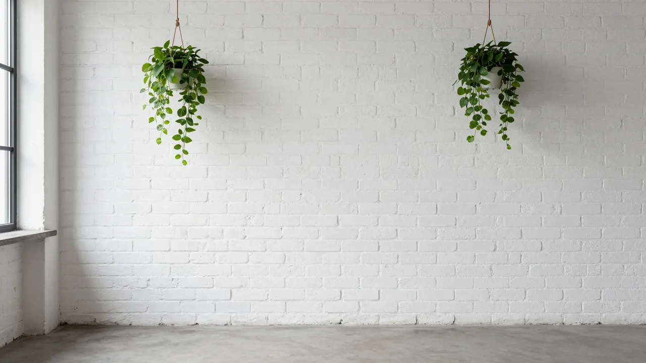 Light filled empty loft interior with a white brick wall and two hanging pothos plants beside a window