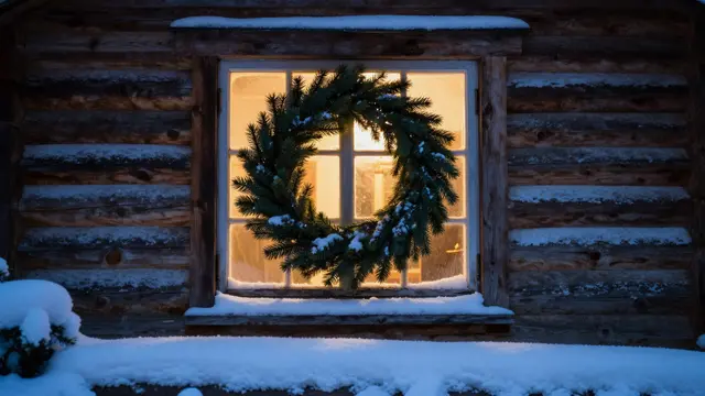 Glowing warm log cabin window with a fir Christmas wreath and deep snow at blue hour