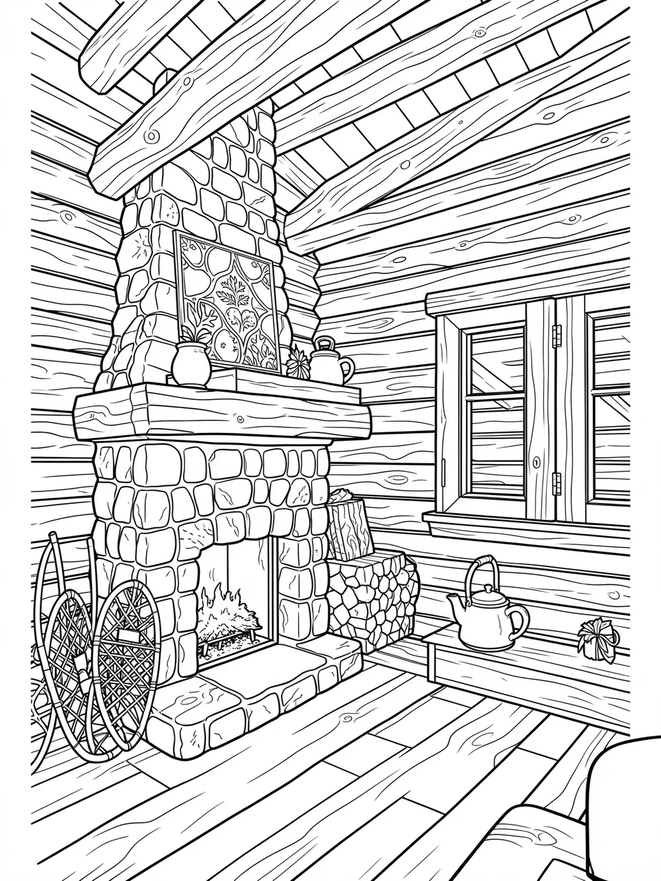Black and white line art of a cozy log cabin interior with a stone fireplace, snowshoes and kettles.