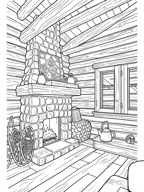 Black and white line art of a cozy log cabin interior with a stone fireplace, snowshoes and kettles.