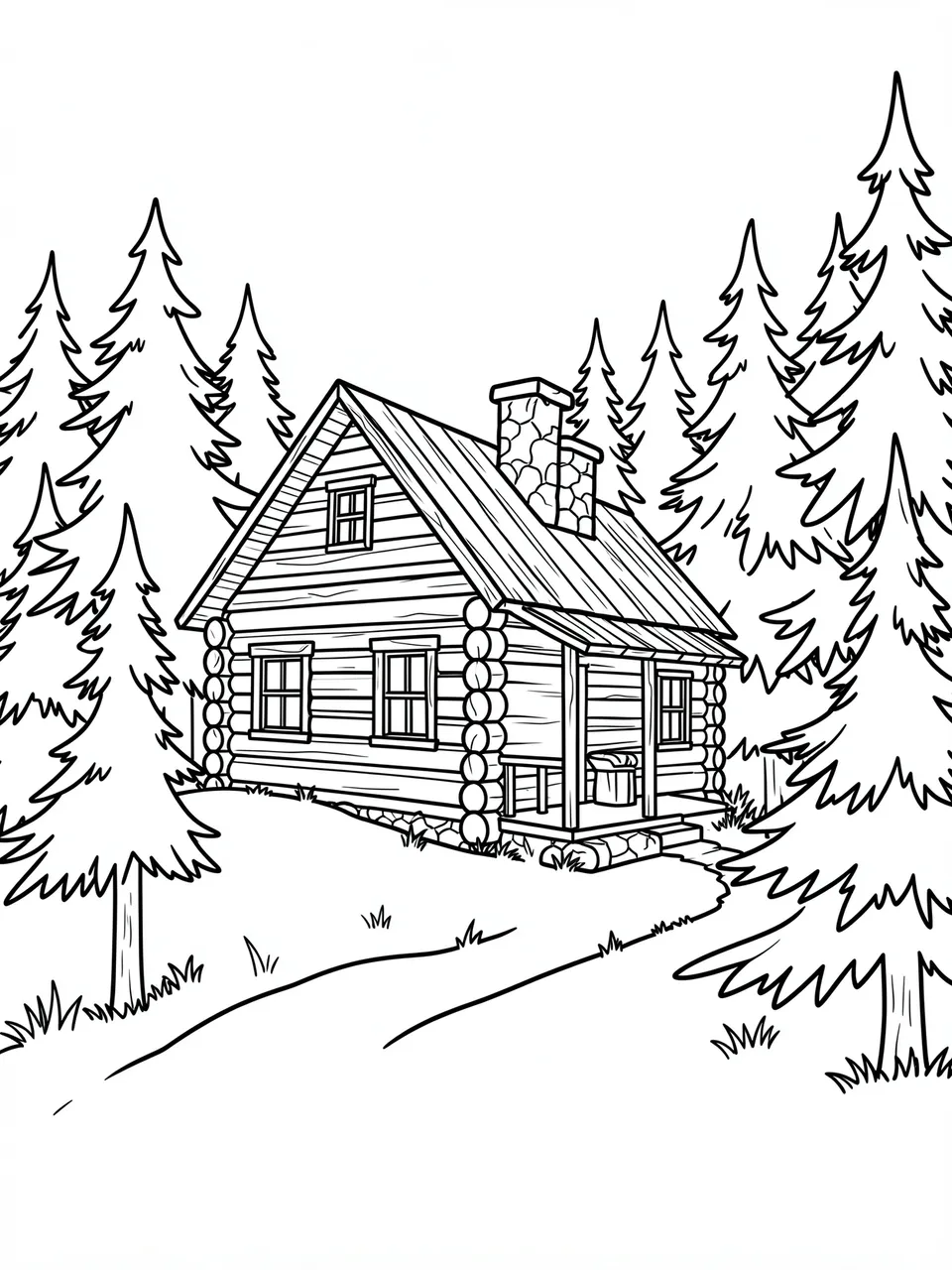 Black and white line art of a log cabin on a hillside surrounded by pine trees for coloring