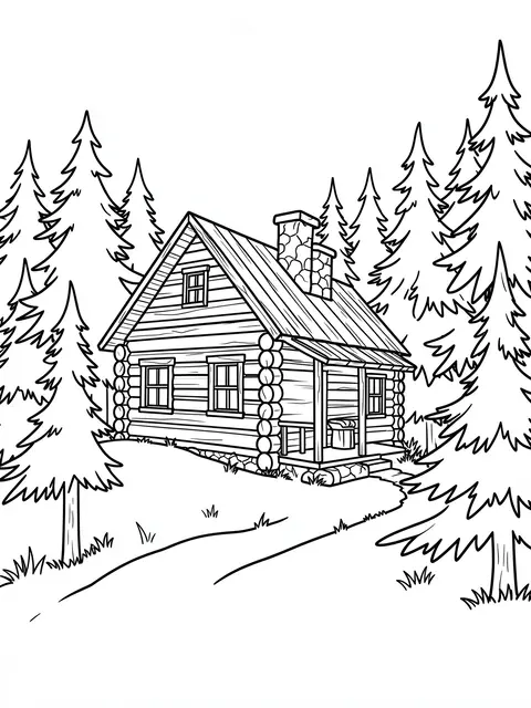 Black and white line art of a log cabin on a hillside surrounded by pine trees for coloring