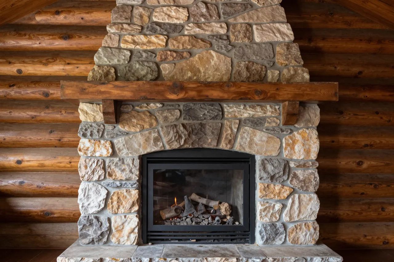 Rustic stone fireplace with wooden mantel set inside a log cabin interior
