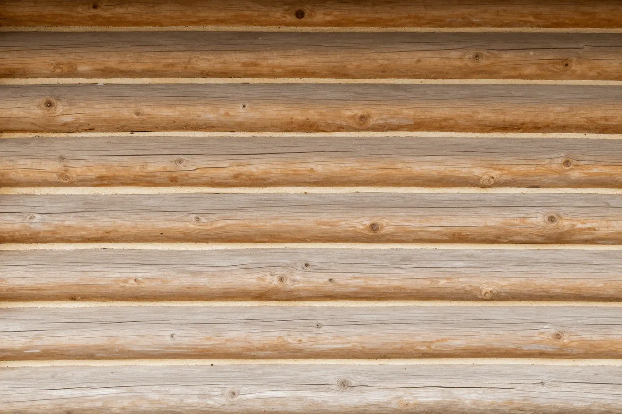 Full frame close-up of horizontal round log cabin wall timbers with pale chinking lines between logs