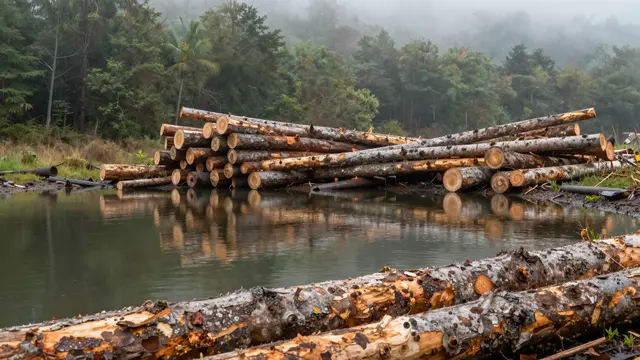 Stacked harvested timber rests at the edge of a log pond with a misty forest in the background