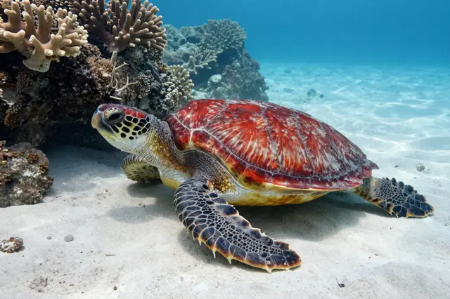 A loggerhead sea turtle rests on white sand beside a coral head in clear blue tropical ocean water