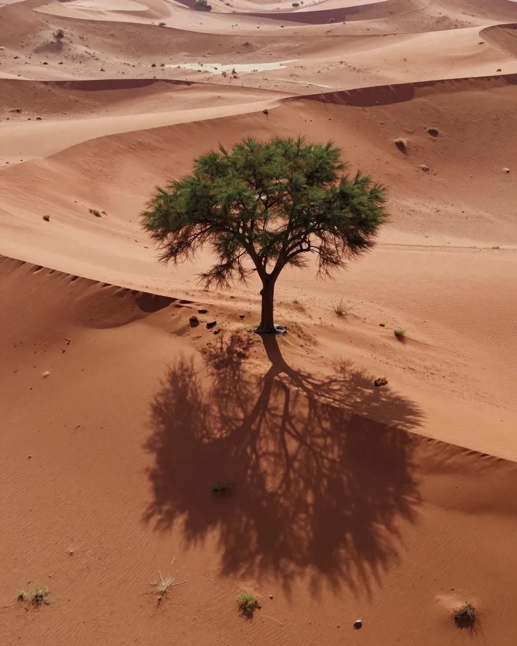 Aerial view of a lone acacia tree casting a long shadow across red desert sand dunes