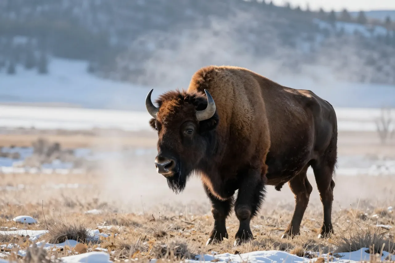 A lone bison stands in a misty, snow-dusted grassy valley on a cold winter morning