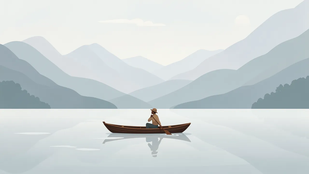 A lone boatman sits in a wooden rowboat on a still misty lake below pale layered mountains.