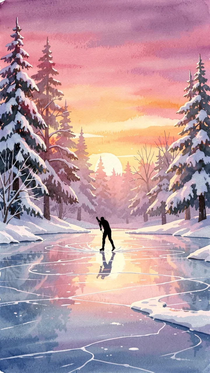 Silhouetted ice skater glides on a frozen pond between snowy pine trees at pastel sunset