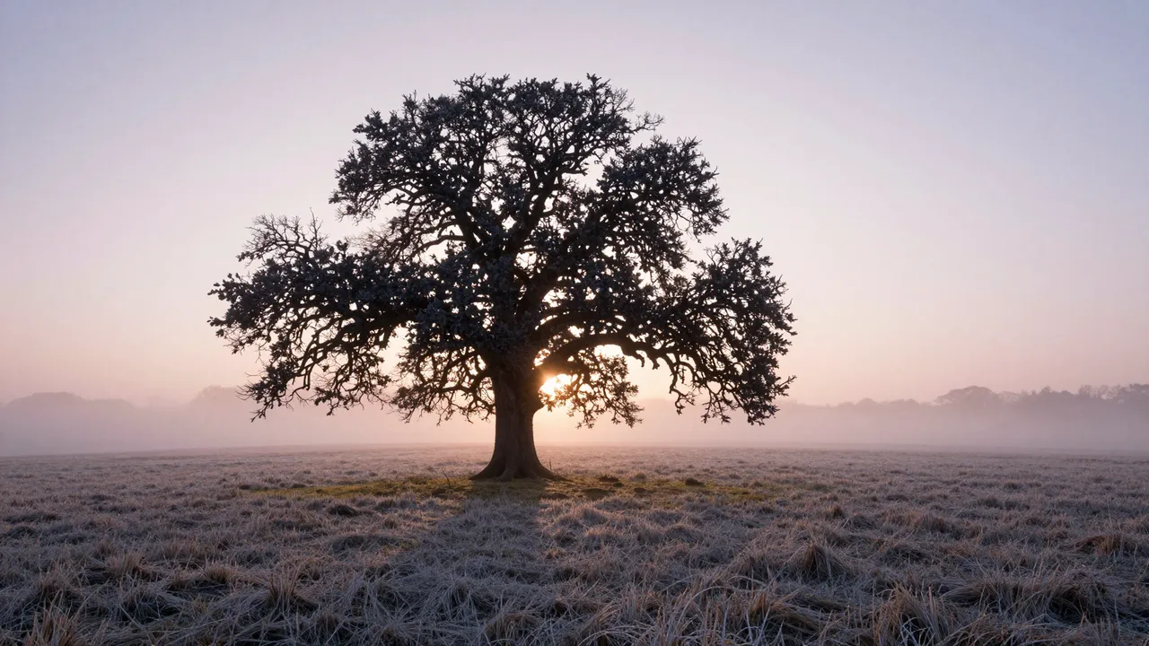 A silhouetted lone oak tree stands in a frosty field as sunrise glows behind low pink mist