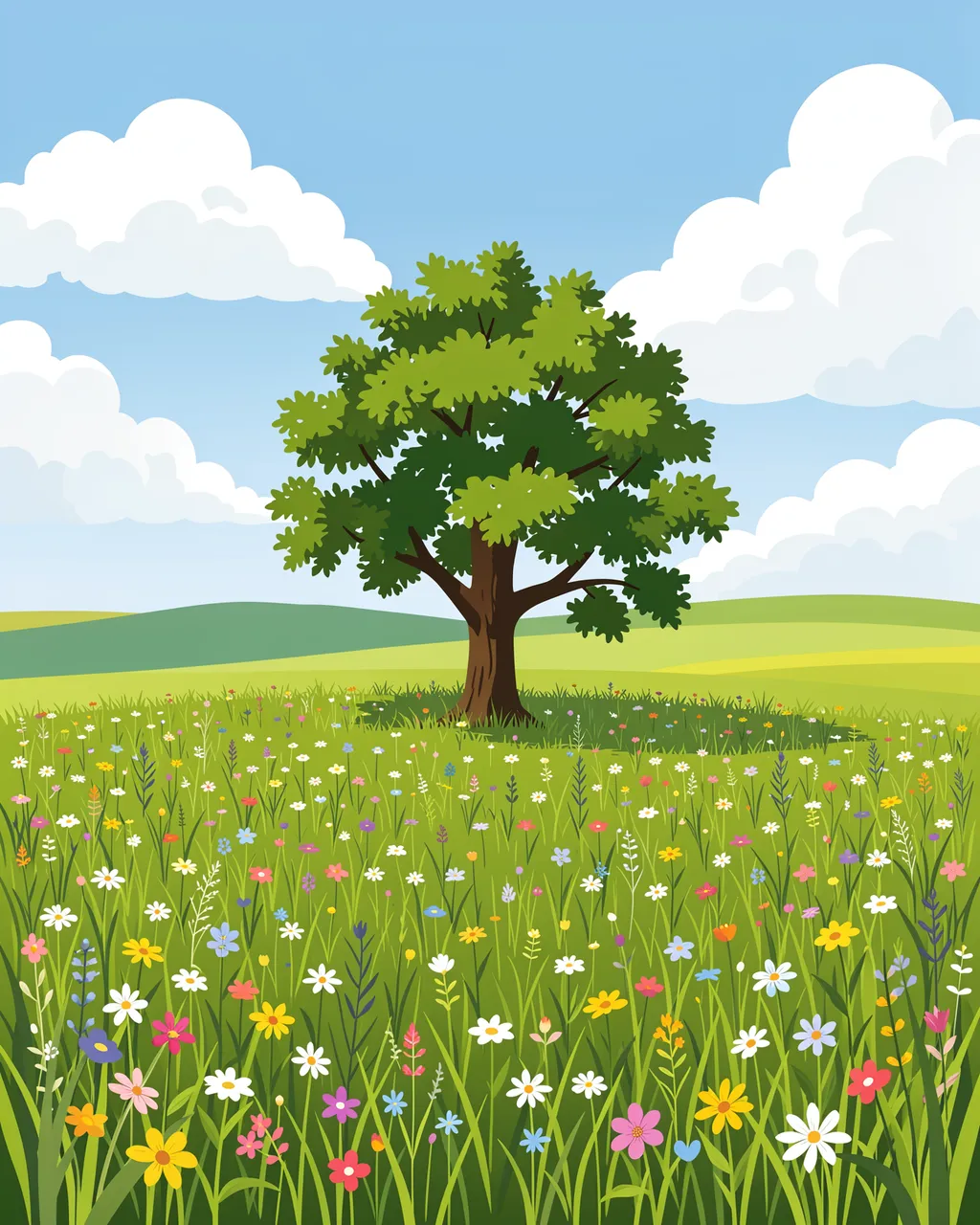 A single oak tree stands in a wildflower meadow under fluffy white clouds and blue sky