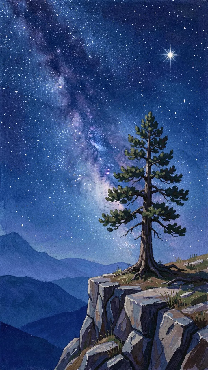 A gouache painting of a lone pine tree perched on a rocky cliff beneath a starry milky way night sky
