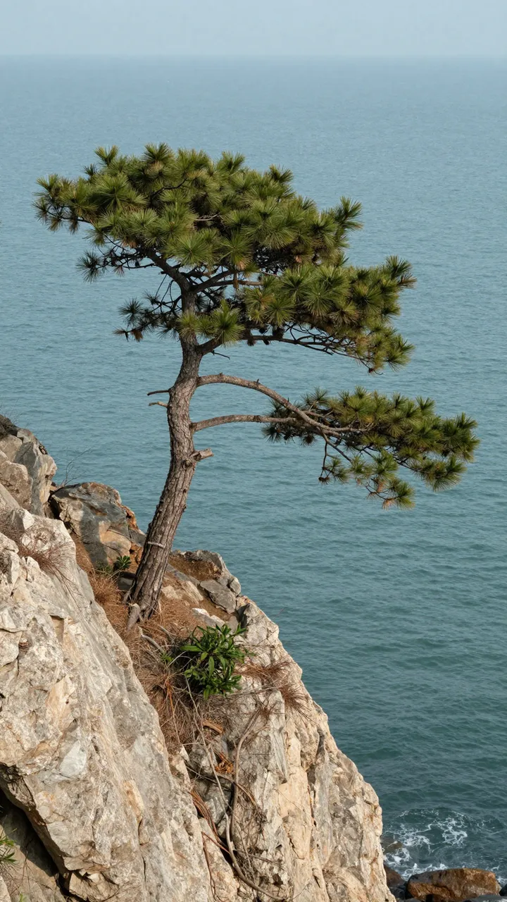 A gnarled lone pine tree grows from a rocky cliff edge above calm blue sea water.