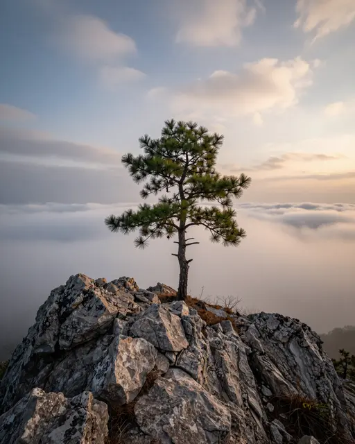 A lone pine tree grows from jagged rocky terrain above a sea of clouds at warm sunset