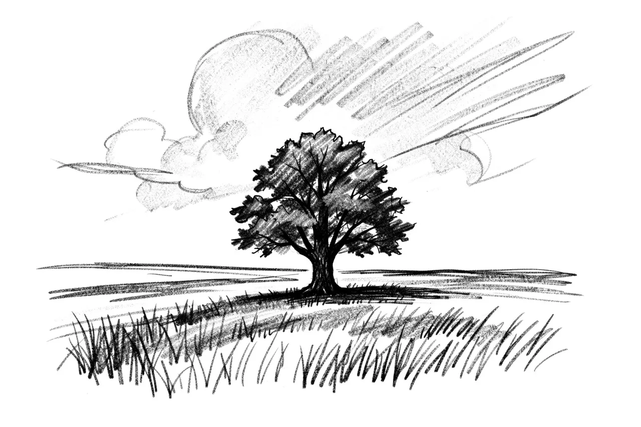 A loose charcoal sketch of a lone broad tree standing in an open grassy field under a sketched big sky