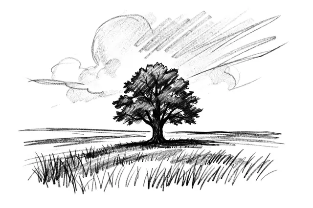 A loose charcoal sketch of a lone broad tree standing in an open grassy field under a sketched big sky