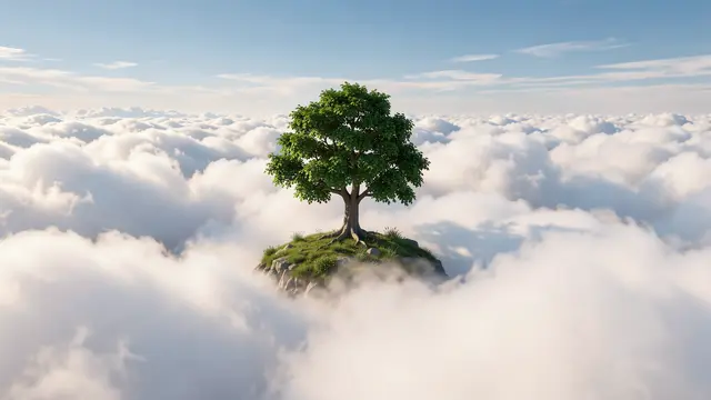 A single lush green tree grows on a tiny grassy rocky island floating above a vast sea of soft white clouds under a pale