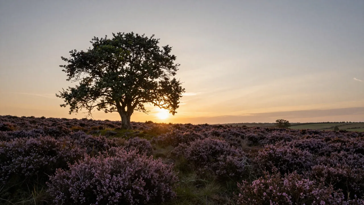 A lone silhouetted rowan tree stands in purple heather beneath a soft glowing moorland sunset
