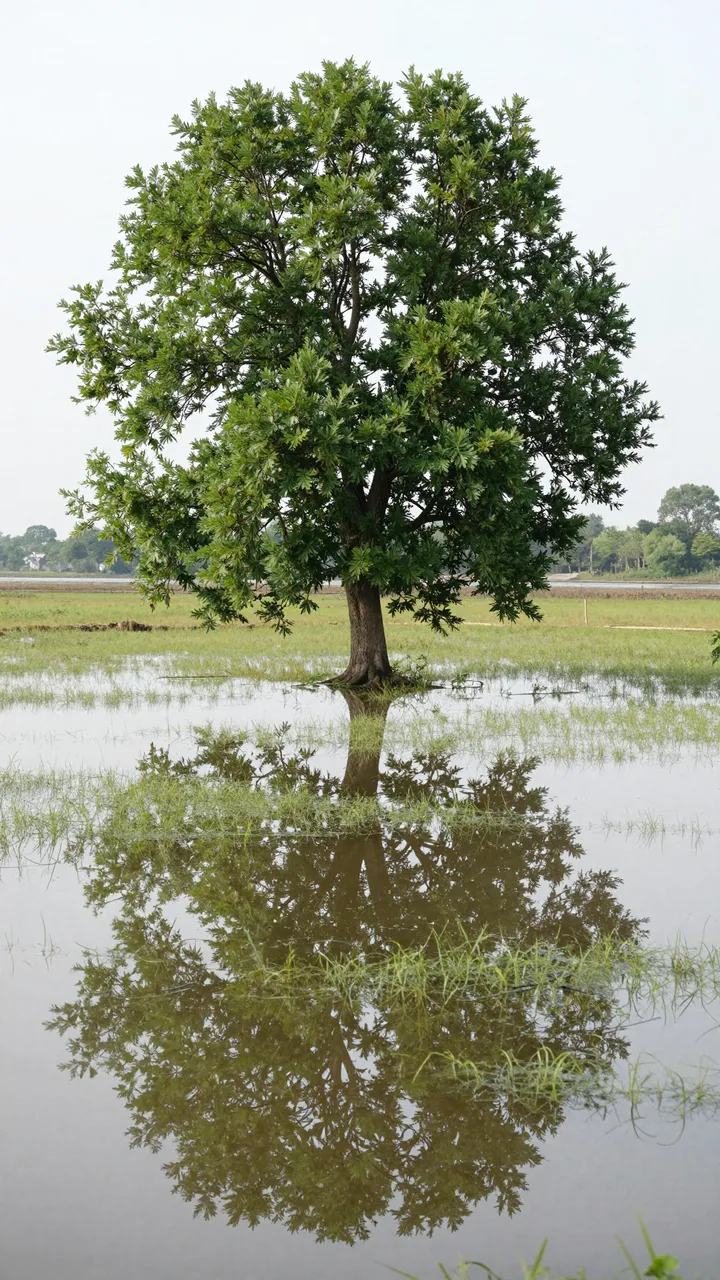 A lush single tree stands in shallow floodwater with its perfect reflection across calm flooded grassland under an overcast