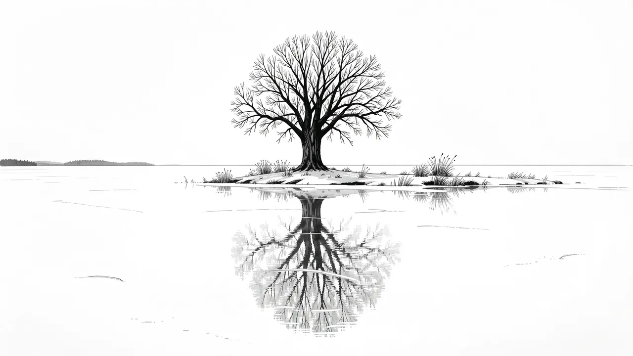 A bare lone tree on a small island is perfectly reflected across a quiet frozen lake in a minimalist ink painting.