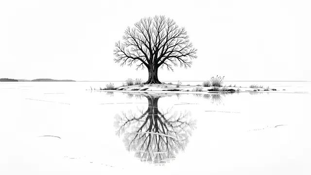 A bare lone tree on a small island is perfectly reflected across a quiet frozen lake in a minimalist ink painting.