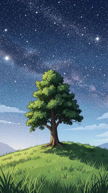 A lone broadleaf tree stands on a grassy hill beneath a dense starry anime-style night sky