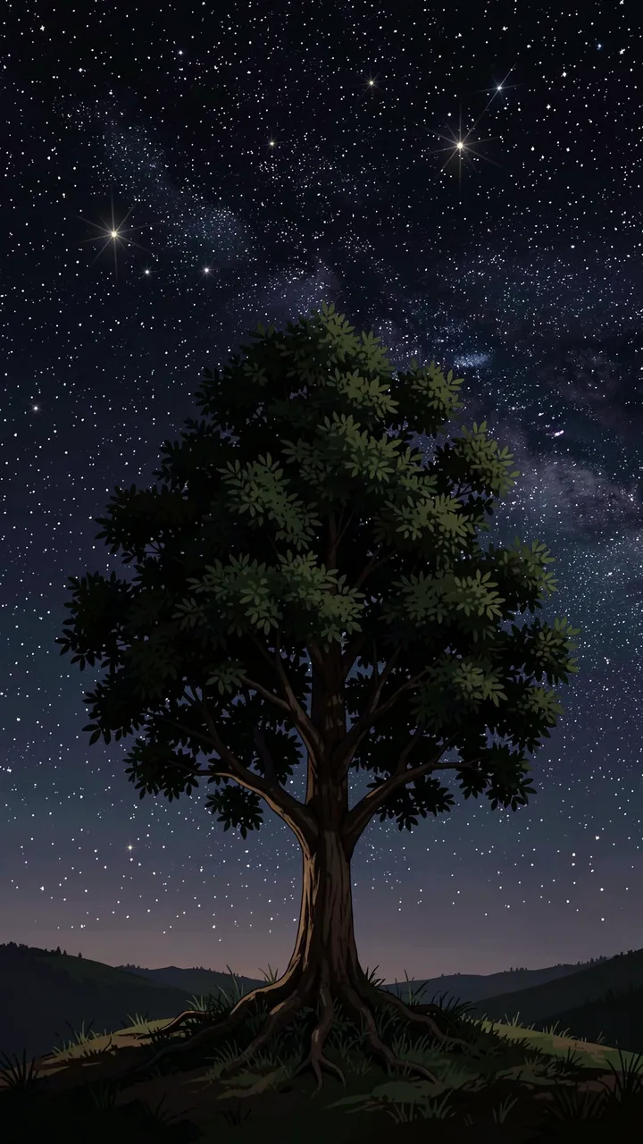 A solitary broad leafy tree stands on a hilltop beneath a dense starry night sky with the Milky Way visible.