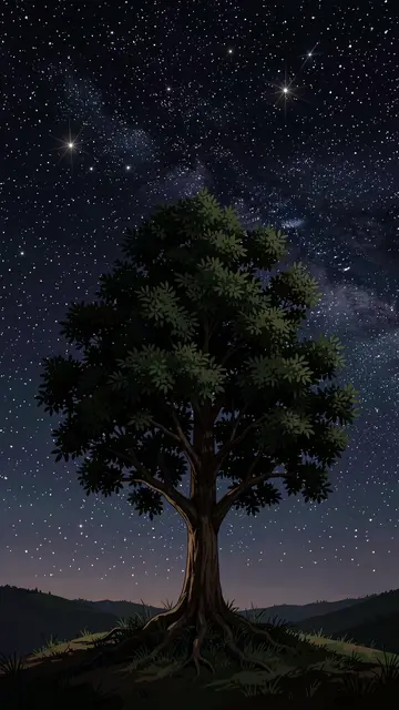 A solitary broad leafy tree stands on a hilltop beneath a dense starry night sky with the Milky Way visible.