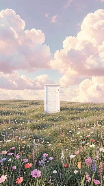 A solitary white door stands in a wildflower meadow under fluffy pastel pink and lavender clouds.