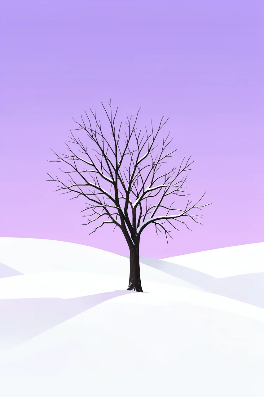 A bare snow-dusted tree stands alone on rolling snowy hills under a soft lavender gradient sky