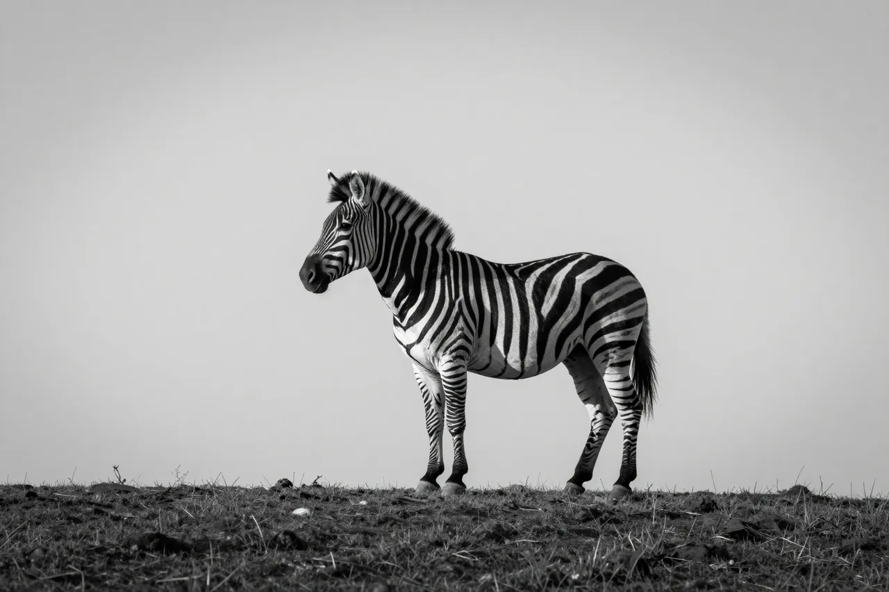 A single zebra stands still on a bare grassy ridge under a pale bright sky in black and white