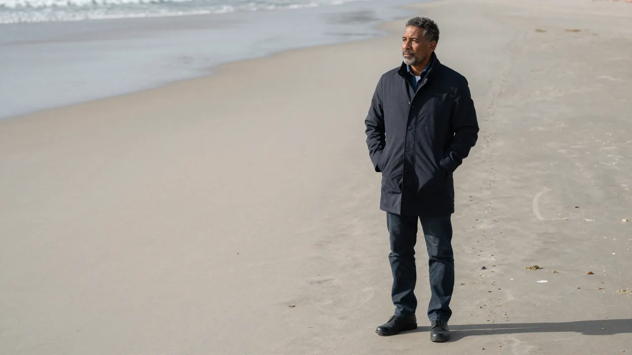 A mixed-race man in his fifties stands alone on a wide empty beach with his hands in his coat pockets