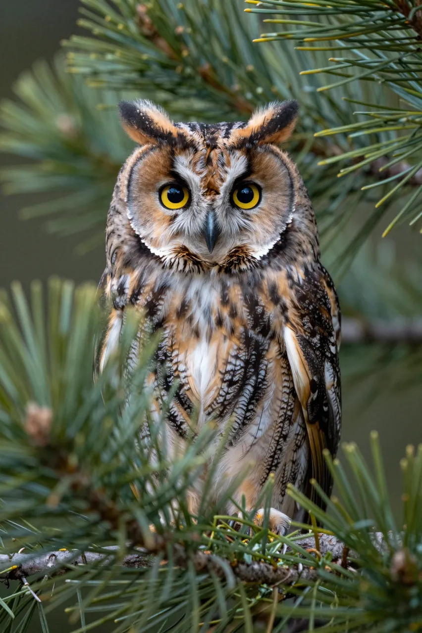 A long-eared owl with bright yellow eyes sits alert among pine tree needles facing the camera