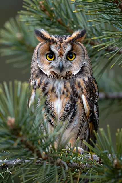 A long-eared owl with bright yellow eyes sits alert among pine tree needles facing the camera